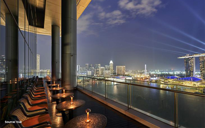 Vue rooftop restaurant with a night view of the city