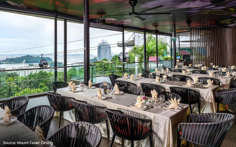 A restaurant with tables overlooking a Singapore cable car