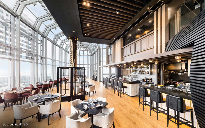 An elegant restaurant with a stunning city view